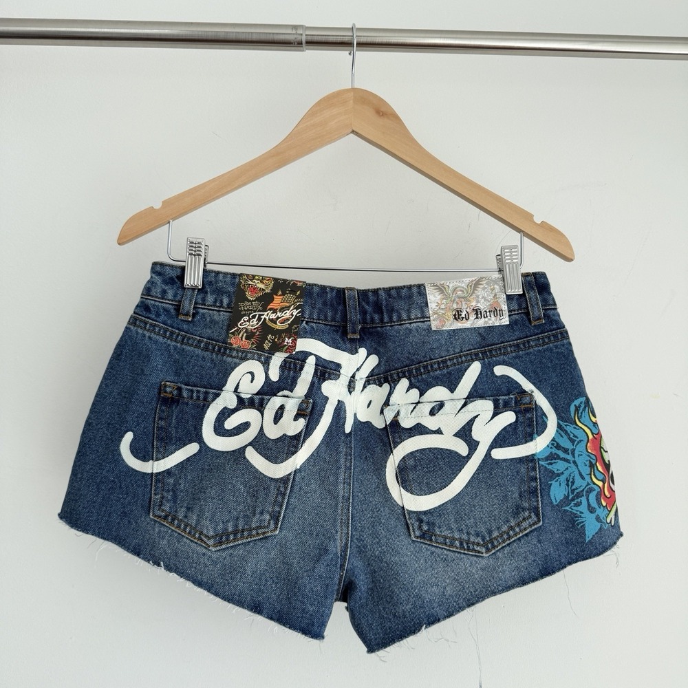 Ed Hardy Denim Shorts Womens Medium Flame Skull Y2K Grunge Cutoff Jean Retro